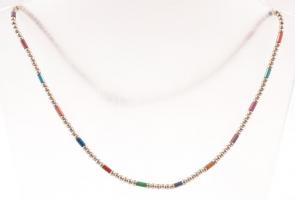 Ezüst(Ag) nyaklánc, színes gyöngyökkel, jelzett, h: 40 cm, bruttó: 10,18 g