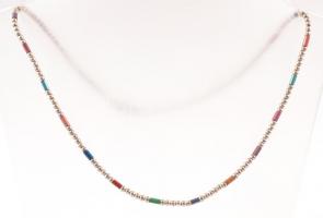 Ezüst(Ag) nyaklánc, színes gyöngyökkel, jelzett, h: 40 cm, bruttó: 10,18 g