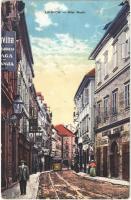 1915 Ljubljana, Laibach; Alter Markt / street, tram, shops (EK)