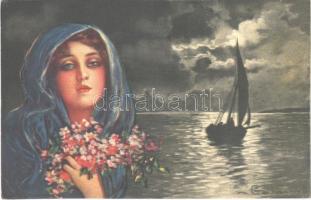 1925 Italian lady art postcard. 1742-2. s: Colombo (vágott / cut)