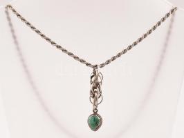 Ezüst(Ag) zöld köves medál, csavart láncon, jelzett, h: 44 cm, bruttó: 17,45 g