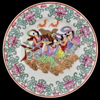 Kínai porcelán tál, kézzel festett, jelzett, kis kopásnyomokkal, d: 26 cm