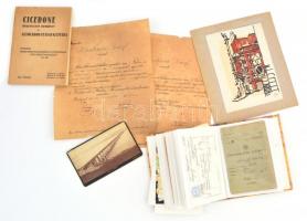 Eklektikus papírrégiség gyűjtemény: reklámcímkék, képek, képeslapok, okmányok, régi fotók, grafika, sorsjegy, kb 70 db részben fényképalbumban