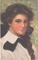 1915 Reife Kirschen / Cherry Ripe. Lady art postcard s: Underwood (EK)