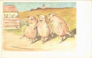 Dancing pigs. New Year greeting art postcard. Lith.-Artist. Anstalt München (vorm. Gebrüder Obpacher) Serie XXVII. No. 17942. litho