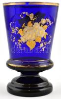 XIX. sz.:Virág díszítésű kék emlékpohár. Hutaüveg, kézzel festett, kopásokkal / Commemorative glass. hand painted, slightly worn. 13 cm