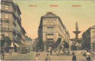 1910 Budapest VIII. Kálvin tér, villamos, Magyar Lámpagyár, Calvin kávéház, szökőkút (EK)