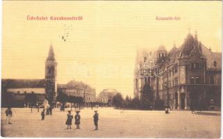 1907 Kecskemét, Kossuth tér, Városháza, templom, Gyógyszertár, üzletek. W. L. 332. (enyhén ázott sarok / slightly wet corner)