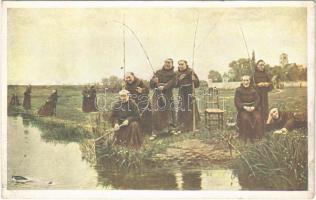 Vesely lov / Lustiger Fischfang / fishing monks, art postcard. Editeur J. Plichta J.P.P. 1058. s: W. D. Sadler (kis szakadás / small tear)