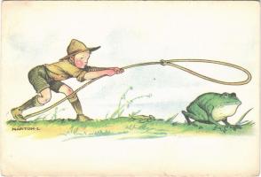 Cserkész békát fog. A Magyar Cserkészszövetség kiadása / Hungarian boy scout art postcard, catching a frog s: Márton L. (EK)