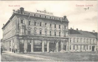 1908 Győr, Hotel Meixner Royal szálloda, bor és sörcsarnok, Fehérhajó szálloda, építési terület létrákkal. Berecz Viktor kiadása
