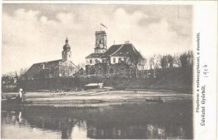 1906 Győr, Püspökvár a székesegyházzal a Duna felől, fatelep, fűrésztelep. Polgár Bertalan kiadása (fl)