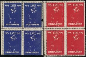 1913-1914 I.P.U kongresszus, Budapest. 2 db levélzáró 4-es tömb. Kék ívszélen apró szakadás