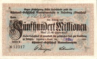 Német Birodalom/Weimari Köztársaság/ Rosenberg i. Oberpfalz/Eisenwerk-Gesellschaft 1923.10.20. 500.0...