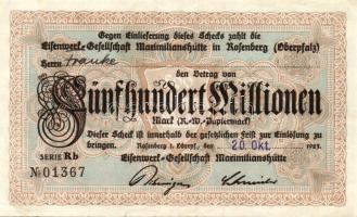 Német Birodalom/Weimari Köztársaság/ Rosenberg i. Oberpfalz/Eisenwerk-Gesellschaft 1923.10.20. 500.0...