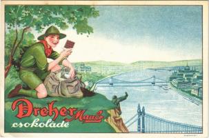 Dreher Mauls csokoládé reklámlapja, cserkész a Gellért-hegyen. Piatnik Rt. / Hungarian chocolate advertisement card with boy scout (EK)