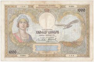 Jugoszlávia 1931. 1000D T:III ly. Yugoslavia 1931. 1000 Dinara C:F holed Krause P#29.