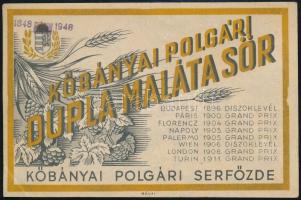 cca 1930-1940 Kőbányai polgári dupla maláta sör reklámos szórólapja, hátulján írással