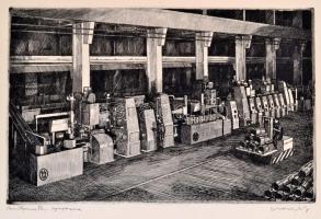 Grafikák a kohó- és gépipar életéből (Képcsarnok V.), 12 db rézkarc, papír, jelzettek, műbőr mappába...