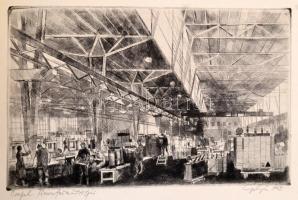 Grafikák a kohó- és gépipar életéből (Képcsarnok V.), 12 db rézkarc, papír, jelzettek, műbőr mappába...