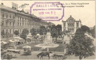 1913 Pécs, Kossuth szobor és tér, zsinagóga, piac. Ön szép lesz, ha Földes-Margitkrémet és Margit szappant használja reklám, Balló Lajos gyógyszertára a Szerecsenhez Liptószentmiklós pecsét (EK)
