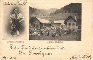 1900 Gyimesközéplok, Gyimes Középlak, Lunca de Jos; Gyimesi vadvirág, Kapos Fülöp vendéglő és kávéháza / Transylvanian girl, folklore, restaurant and cafe