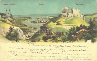 1911 Lippa, Lipova; Solymosi vár, Lippa és a Maros folyó, Máriaradnai kegytemplom / Soimos castle, Lipova with Mures river, pilgrimage church in Radna (fa)