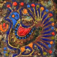 Jelzés nélkül: Páva királynő. Tűzzománc, dombor rézlapon, fa-fém keretben, 10x10 cm