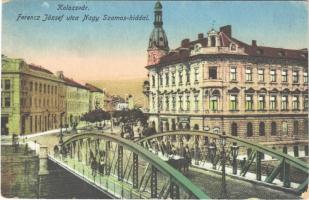 1918 Kolozsvár, Cluj; Ferenc József utca a Nagy-Szamos híddal, üzletek / street view, bridge, shops (EK)