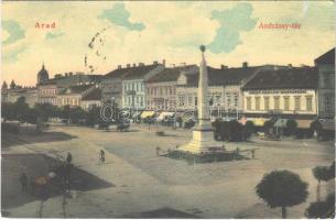 1912 Arad, Andrássy tér, Andrényi Károly és Fiai, Radó Gyula üzlete, Szentháromság szobor / square, shops, Holy Trinity statue (EK)