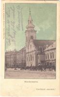 1900 Arad, Minorita templom, üzletek, lovaskocsik. Lengyel L. műintézete kiadása / Minorite church, shops, horse-drawn carriages (vágott / cut)