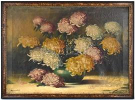 Olvashatatlan jelzéssel: Krizantém csendélet. Olaj, vászon, kissé sérült. Fa keretben, 61,5x86,5 cm