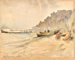Olvashatatlan jelzéssel: Csónakok a vízparton. Akvarell, farost, 45×56,5 cm