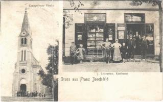 Novo Selo, Franzjosefsfeld, Petrovopolje; Evangelische Kirche, J. Leinweber Kaufmann / Lutheran church, shop of Leinweber (r)