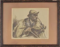 Zádor István (1882-1963): Pipázó juhász. Rézkarc, papír, jelzett. Kissé sérült, üvegezett keretben, 24×28,5 cm