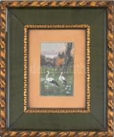 1915 V/9 Lubik jelzéssel: Gólyák. Vegyes technika, papír. Díszes, üvegezett fa keretben. 16x10 cm