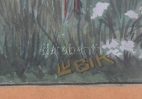 1915 V/9 Lubik jelzéssel: Gólyák. Vegyes technika, papír. Díszes, üvegezett fa keretben. 16x10 cm