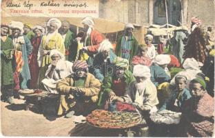 1915 Central Asian folklore, street scene with pie vendors and merchants (EB)