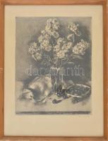 Kiss Terézia (1928- ): Virágok és gyümölcsök. Rézkarc, papír, jelzett. Üvegezett fa keretben. 39x30 cm
