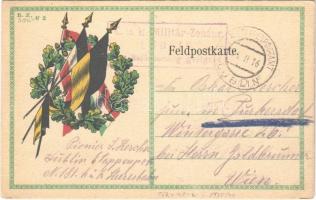 1916 WWI Austro-Hungarian K.u.K. military field postcard, Viribus Unitis propaganda, Hungarian, German and Austrian flags. B. Z. Schl. No. 2. (EB)