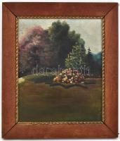Jelzés nélkül: Park virágokkal. Olaj, fa, jelzett. Sérült fa keretben, 30x25 cm