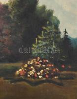 Jelzés nélkül: Park virágokkal. Olaj, fa, jelzett. Sérült fa keretben, 30x25 cm