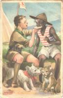 1948 A cserkész minden cserkészt testvérének tekint. Cserkész Levelezőlapok Kiadóhivatala / Hungarian boy scout art postcard s: Márton L. (fa)
