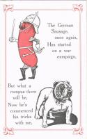 The German Sausage, once again, Has started on a war campaign. German Emperor Wilhelm II mocking propaganda art postcard (EK)