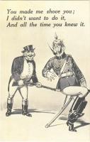 You made me shove you Wilhelm II mocking Anti-German propaganda art postcard, John Bull. War Cartoons Series. No. 5001.