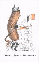 Well Done Belgium! Wilhelm II mocking Anti-German propaganda art postcard, sausage