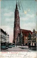 Landshut, St. Martinskirche / church, tram, litho (surface damage)