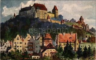 Landshut, Blick auf Burg Trausnitz / castle, art postcard, s: R. Scheibenzuber