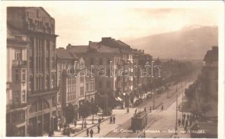 1931 Sofia, Sofiya; Rue Vitochka / street view, tram, shops (cut)