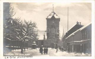 1934 Trondheim, Trondhjem; Vor Frue Kirke / street view in winter, church, shop